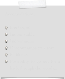 Accomodations:

Box (4x3m)
Indoor stable
Indoor arena
Outdoor arena 70 x 30m
Paddocks
Possibility to go out for a hack through the woods...